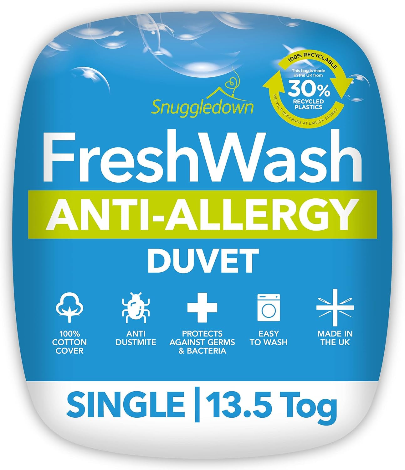 Snuggledown Freshwash-Allergiedecke, 13,5 Tog, winterwarm, Baumwolle, Weiß, Einzelbett Naty Shop Comforters Twin 13,5 Tog