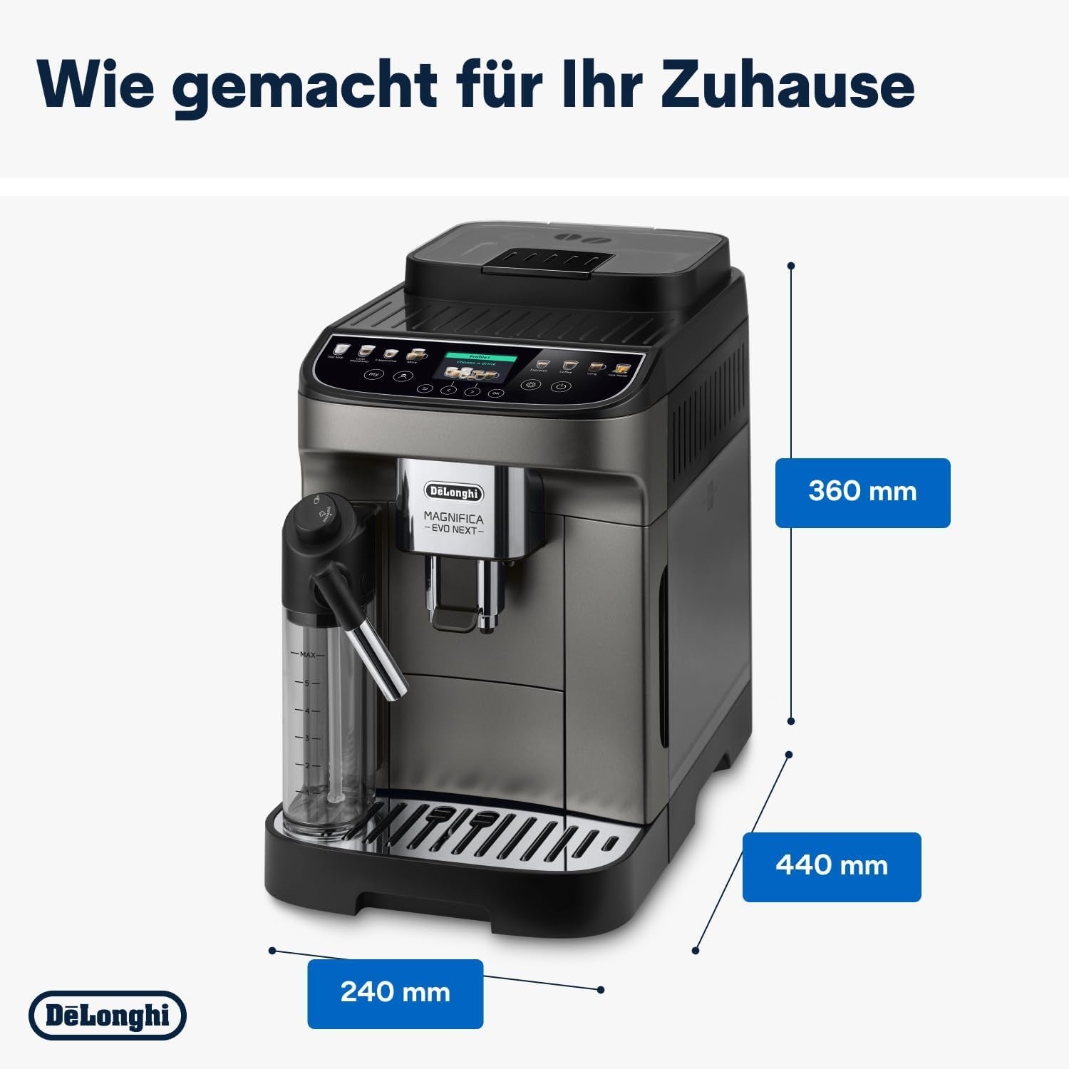 De'Longhi Magnifica Evo Next - Perfetto Vollautomatische Espressomaschine mit LatteCrema Milchaufschäumer, 13 One-Touch-Getränke, Kaffee- und Cappuccino-Zubereiter, Farb-Touchscreen, Titan (ECAM312.80.TB)