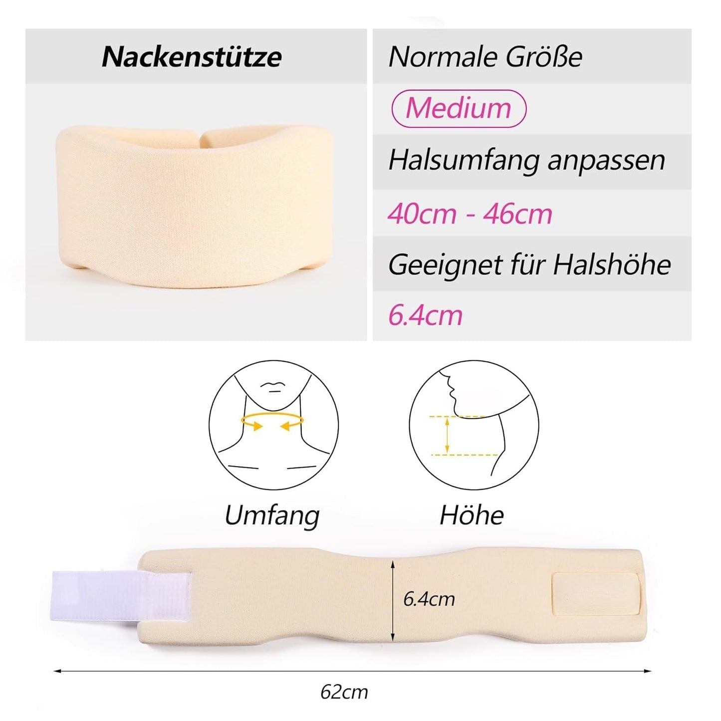 RESTCLOUD Nackenstütze aus weichem Schaumstoff, universeller Kragen, verstellbare Nackenstütze zum Schlafen – Lindert Nackenschmerzen (weiß, 6,4 cm tiefer Kragen, M). Orthopädische Halskissen von Naty Shop