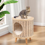 Katzenhaus Rattan, Katzenmöbel mit Holzbeinen & weichen Kissen, 3 in 1 Katzenhöhle Fußhocker Nachttisch, Katzenbett stabil bis 30 kg für Wohnzimmer Schlafzimmer