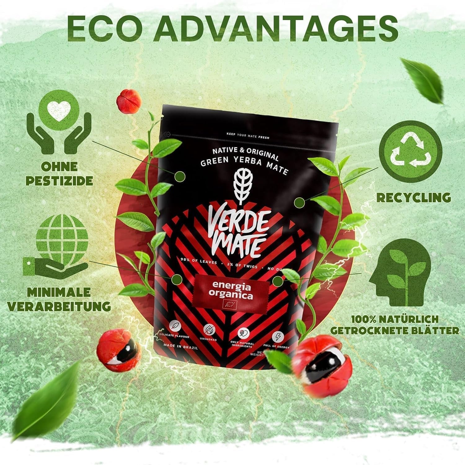 Green Mate Green Orgánica Energy Guarana 500G | Bio Yerba Mate Tee aus Brasilien | Natürlicher Koffeingehalt | Bio-Mate-Tee