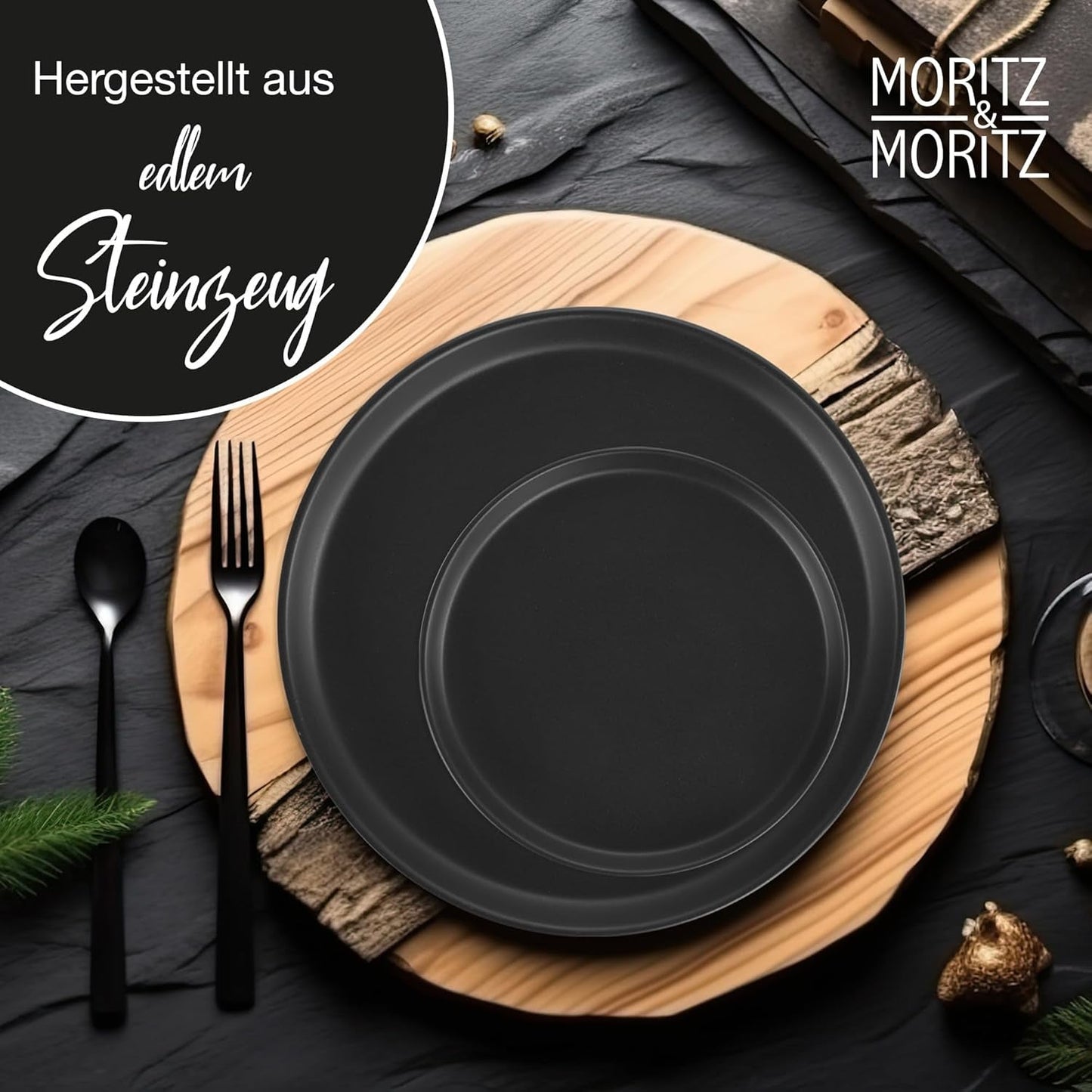 Moritz & Moritz NORDIC 6-Personen-Geschirrset – 18-teiliges Geschirrset aus schwarzem Steinzeug – skandinavisches Design – Robustes 6-Personen-Geschirrset für den täglichen Gebrauch und Gäste – Kombi-Geschirrset