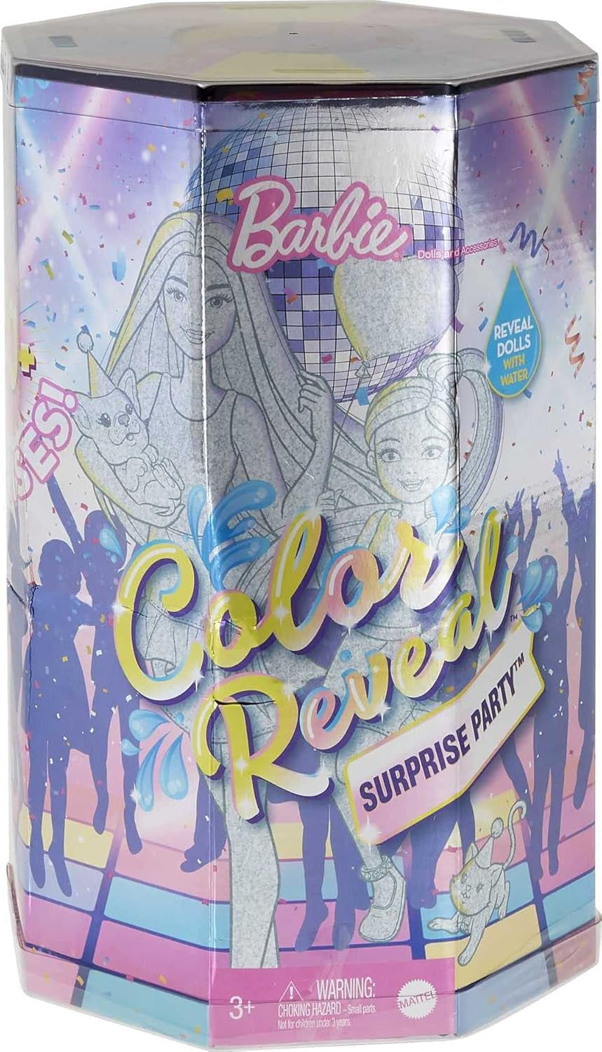Barbie GXJ88 – Color Reveal Surprise Party, +50 Überraschungen: 1 Puppe, 1 Chelsea-Puppe, 2 Tiere, 6 Farbwechsel, Zubehör und mehr, Tanzparty-Set, Spielzeuggeschenk für Kinder ab 3 Jahren