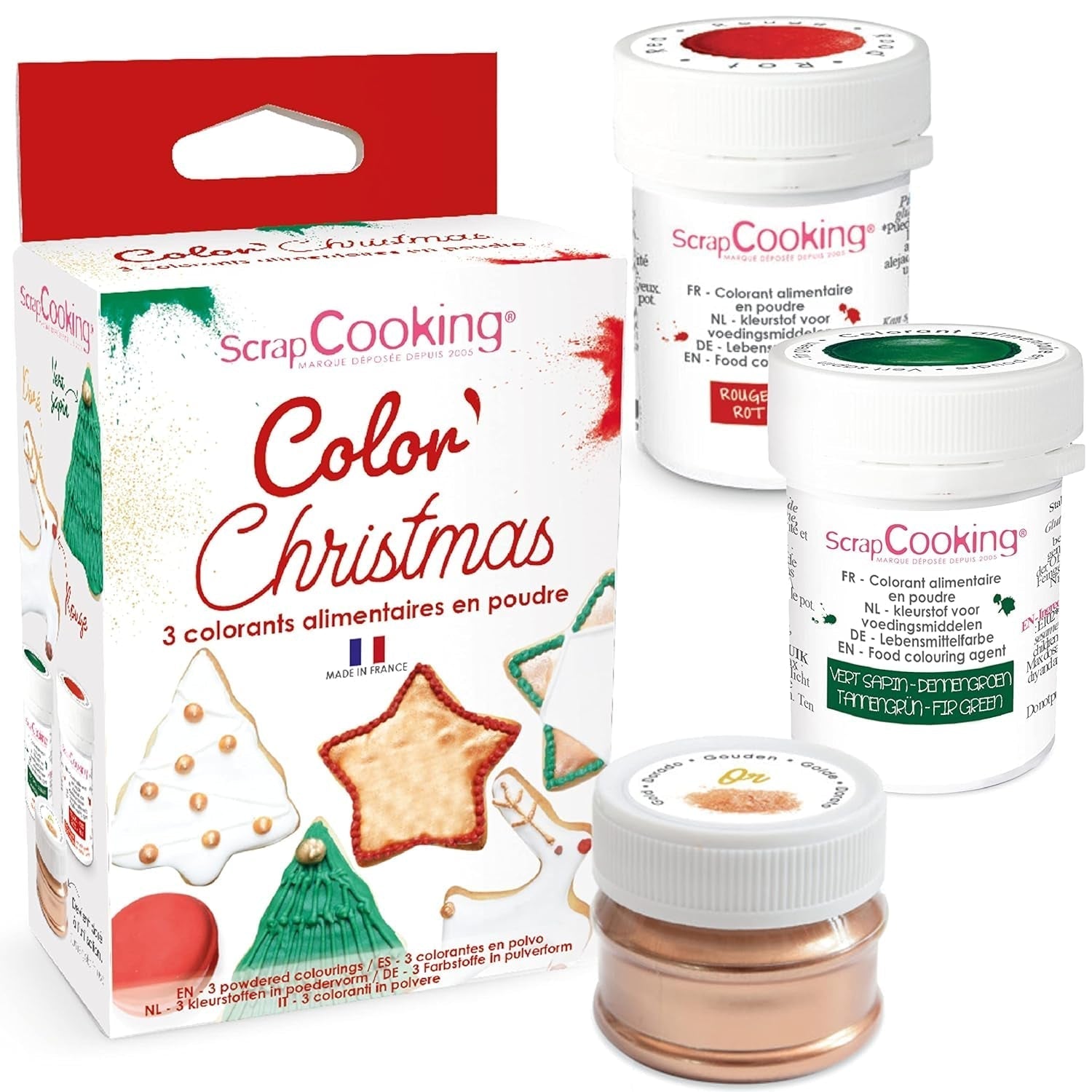 Scrapcooking – Set mit 3 pulverisierten Weihnachts-Lebensmittelfarben – Rot, Grün, Gold – Essbare Lebensmittelfarben zum Backen, Kuchen, Kekse, Gebäck, Teig, Fondant – Weihnachtsdekorationen – 4018