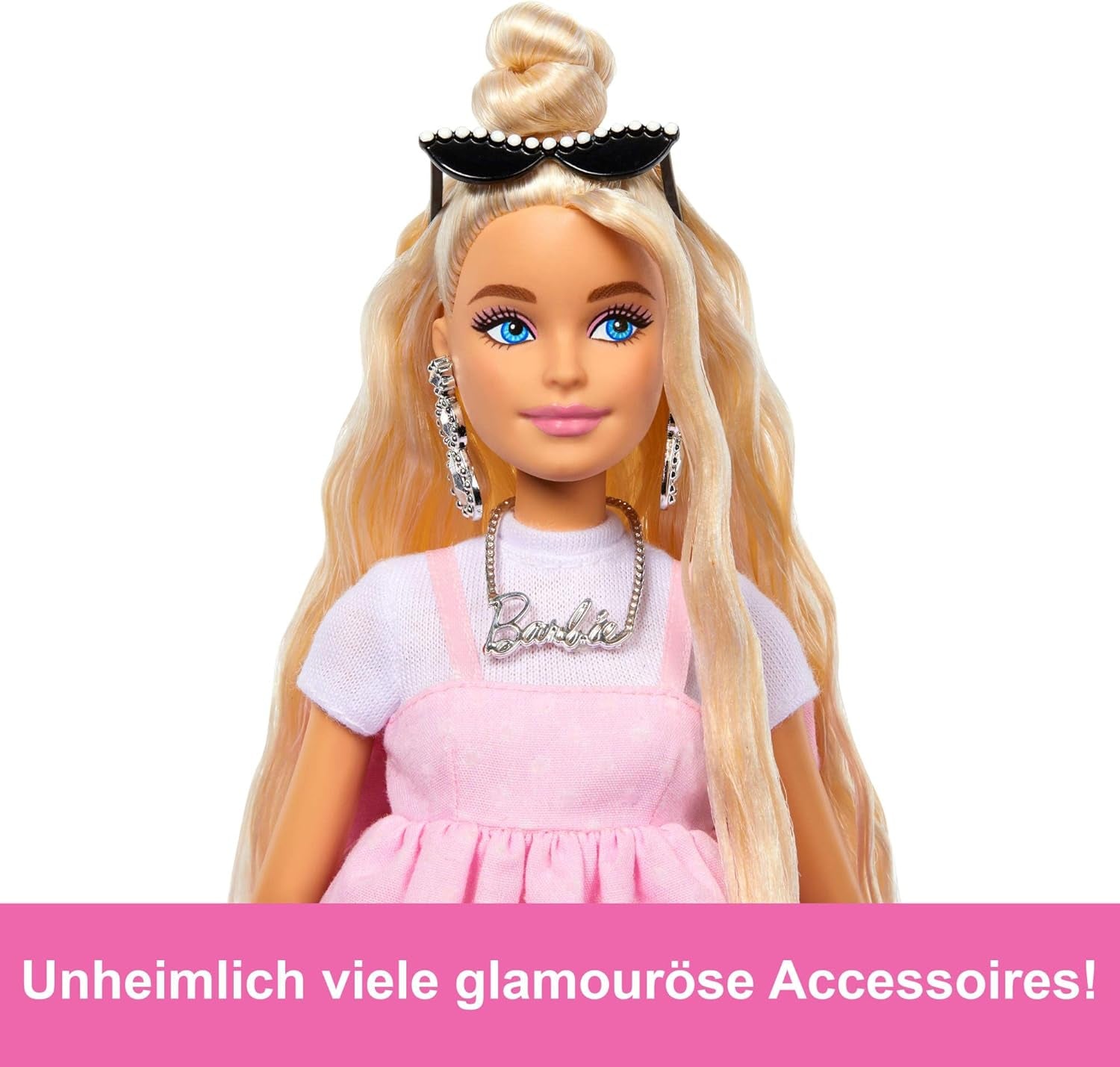 Barbie-Puppe Deluxe Style-Nr. 3 mit Barbiecore-Outfit, blonden Haaren in einem hohen Dutt, pastellrosa Kleid mit übergroßer Schleife und Accessoires wie Netzstrumpfhosen, HYV27 Naty Shop Dolls