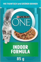 PURINA ONE Indoor Formula Nassfutter für Katzen, zarte Stücke in Soße für selbstgemachte Katzen mit Thunfisch, 26er-Pack (26 x 85 g)