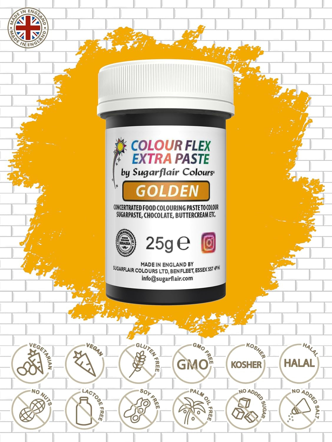 Lebensmittelfarbpaste Sugarflair Colourflex Extra Paste Golden – Essbare Lebensmittelfarbe für Buttercreme, Schokolade, Zuckerpaste, Glasur, Fondant, Kuchenmischungen, Teig und mehr – 25 g