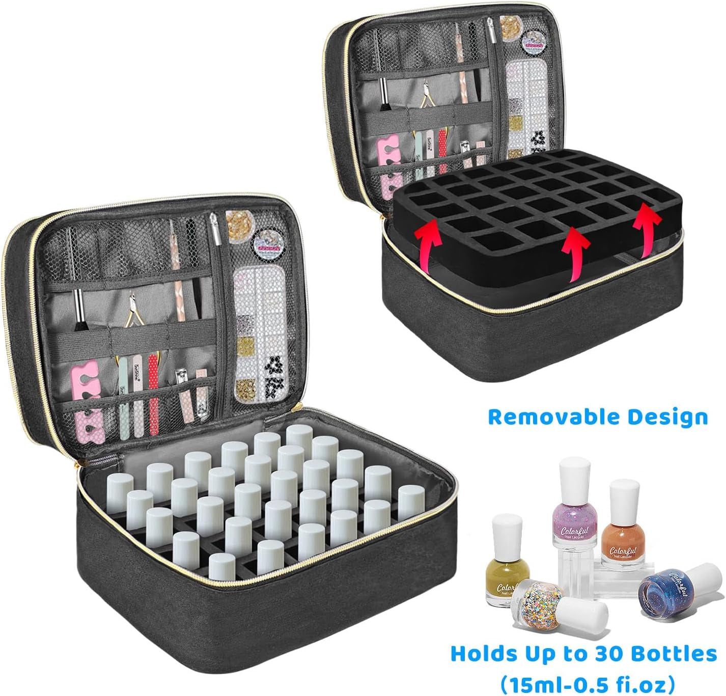 Nail Lacquer Organizer Tasche, Doppelschicht Nagellack Aufbewahrungsbox, Organizer Koffer Für Nageldesign Kosmetiktasche Für 30 Flaschen Neonail Base(15Ml-0.5 Fl.Oz) & 1 Nagellampe(Schwarz)