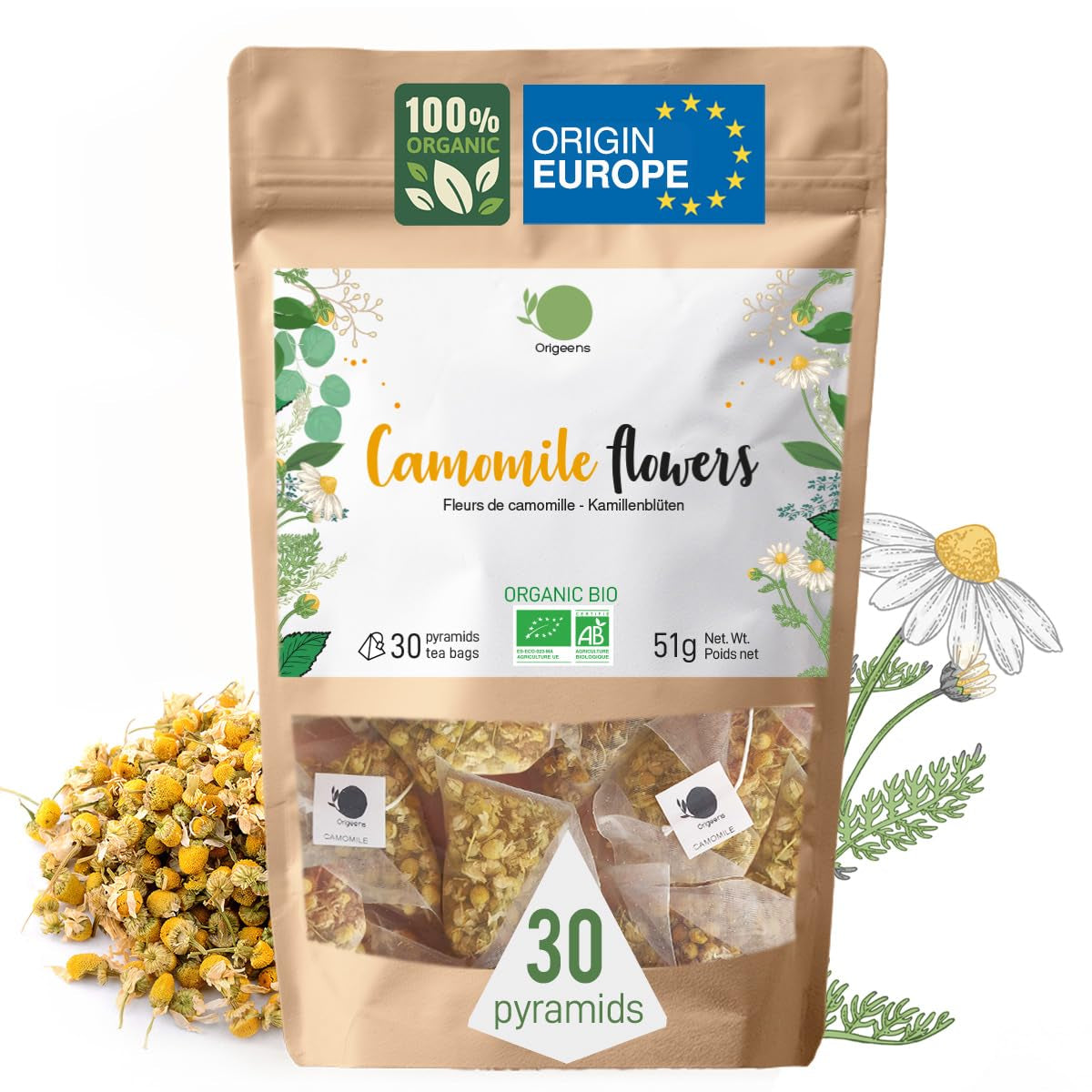 ORIGEENS Bio-Kamillenblütentee aus Europa, 100 g | Loser Blatttee, Bio-Tee für Schlaf und Verdauung | Deutsche Kamille | Zertifiziert und verpackt in Deutschland