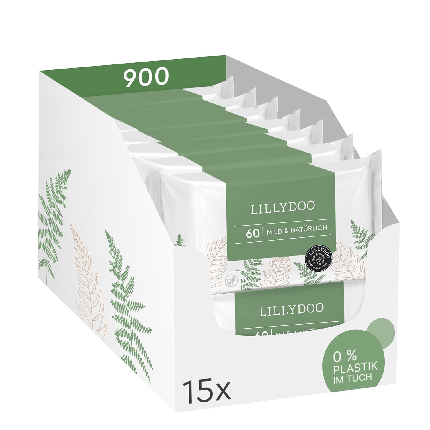 Grüne Feuchttücher von LILLYDOO, 600 Stück (10 x 60), 100 % plastikfrei, reißfestes Tuch – parfümfrei, sanft und natürlich, sanfte Reinigung für empfindliche Haut, dermatologisch getestet