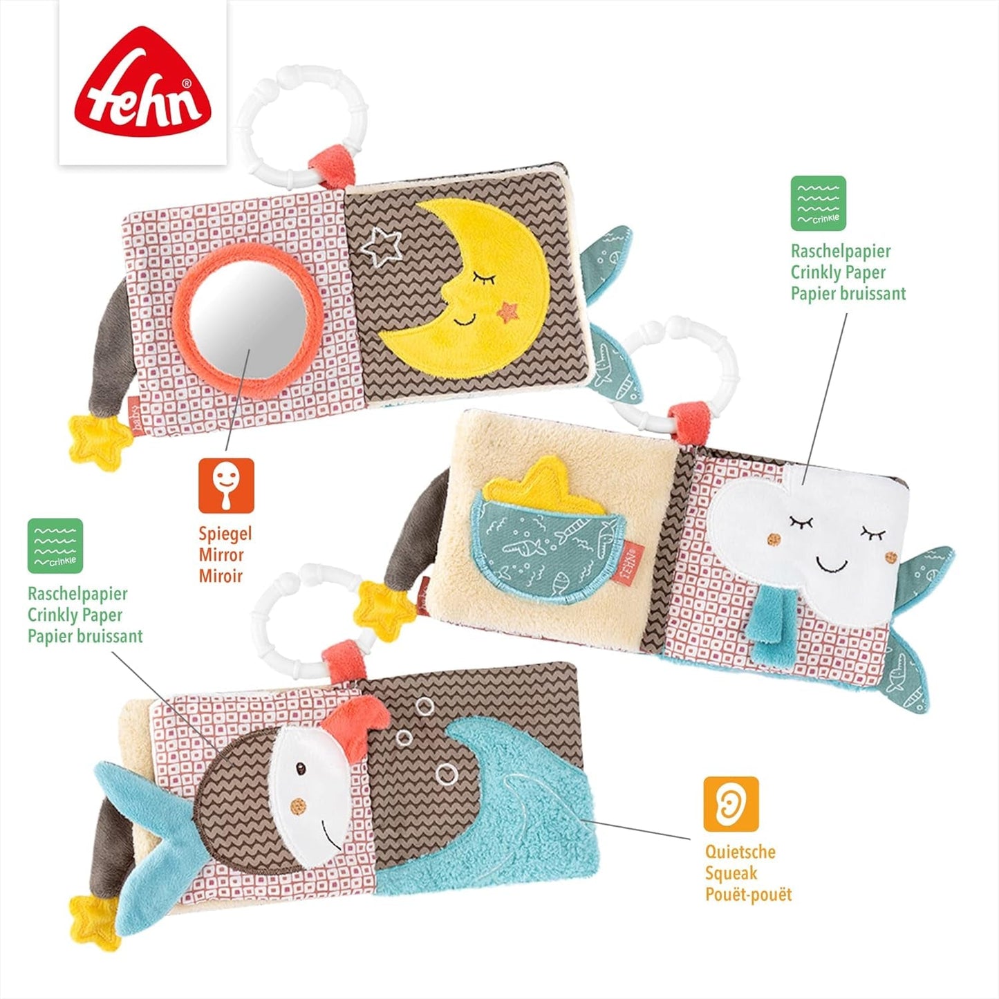 Fehn Spielhandschuh Safari – Fingerpuppen Babyspielzeug Affe & Elefant zum Greifen & Geräusche machen & weiches Bilderbuch Bruno – Tastbuch für Kinder mit Tiermotiven Babyspielzeug Naty Shop