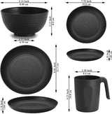 Berglander 24-teiliges Geschirrset aus schwarzem Kunststoff für 6 wiederverwendbare Teller und Schüsseln, einschließlich Speiseteller, Dessertteller, Müslischalen und Tassen für Zuhause, Garten und Picknicks