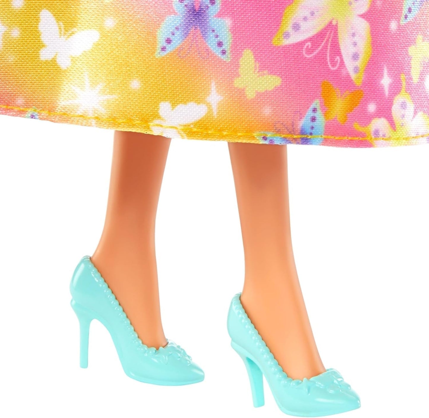 Königliche Barbie-Puppe mit ausgefallenem Haar mit bunten Strähnen, bunten Accessoires, gelbem Oberteil mit Farbverlauf und Schmetterlingsrock, HRR09 Naty Shop Dolls