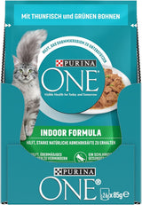 PURINA ONE Indoor Formula Nassfutter für Katzen, zarte Stücke in Soße für selbstgemachte Katzen mit Thunfisch, 26er-Pack (26 x 85 g)