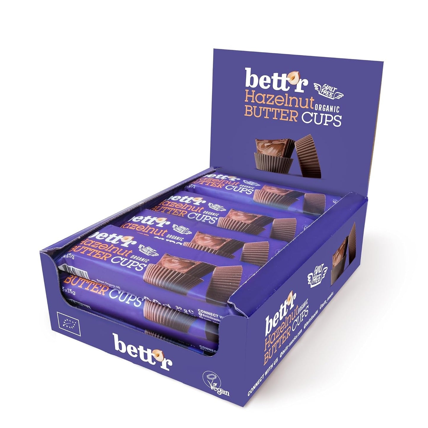 Bio-Haselnuss-Butterblumen ohne Schuldgefühle von Bett'r. 100 % vegan, glutenfrei und laktosefrei – 12 x 39 g