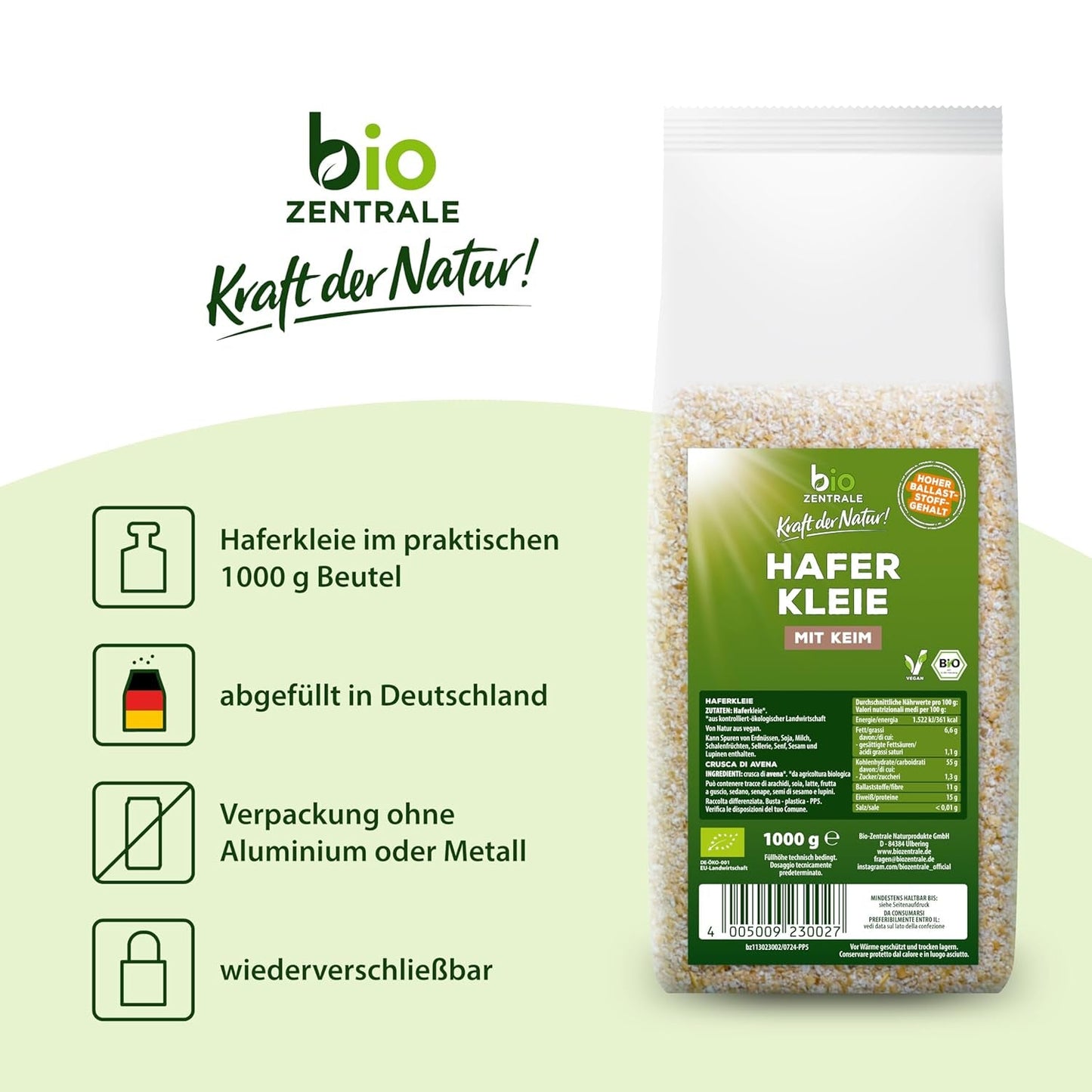 Biozentrale Bio-Haferkleie 1 kg | Vorteilhaftes Paket | Proteinquelle mit hohem Ballaststoffgehalt | Natürlich vegan | Aus der EU-Landwirtschaft | Niedriger Zuckergehalt