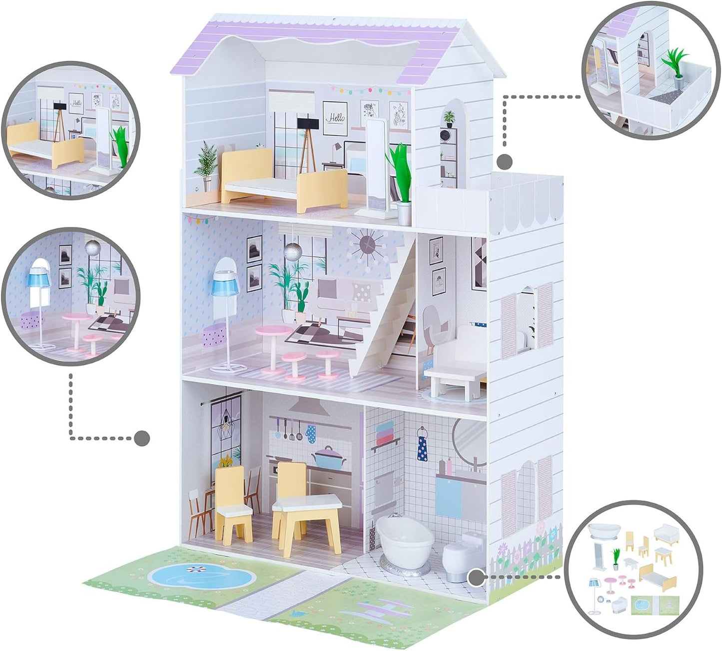 Teamson Kids Olivia's Little World Riesenpuppenhaus mit 16 Puppenzubehörteilen, Puppenhaus aus Holz mit Möbeln, 3-stöckig, 30 cm großes Puppenhaus für Kinder ab 3 Jahren