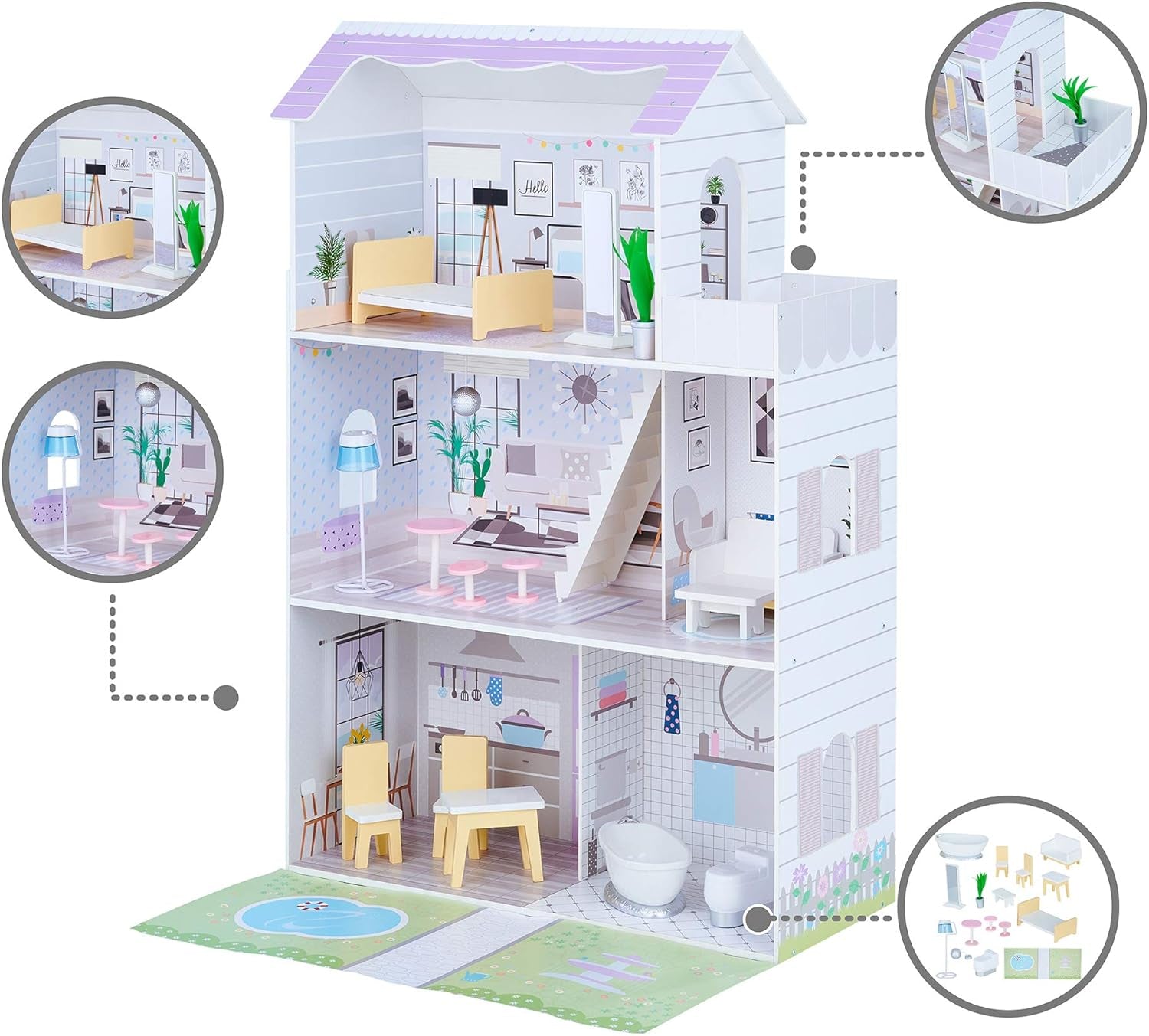 Teamson Kids Olivia's Little World Riesenpuppenhaus mit 16 Puppenzubehörteilen, Puppenhaus aus Holz mit Möbeln, 3-stöckig, 30 cm großes Puppenhaus für Kinder ab 3 Jahren
