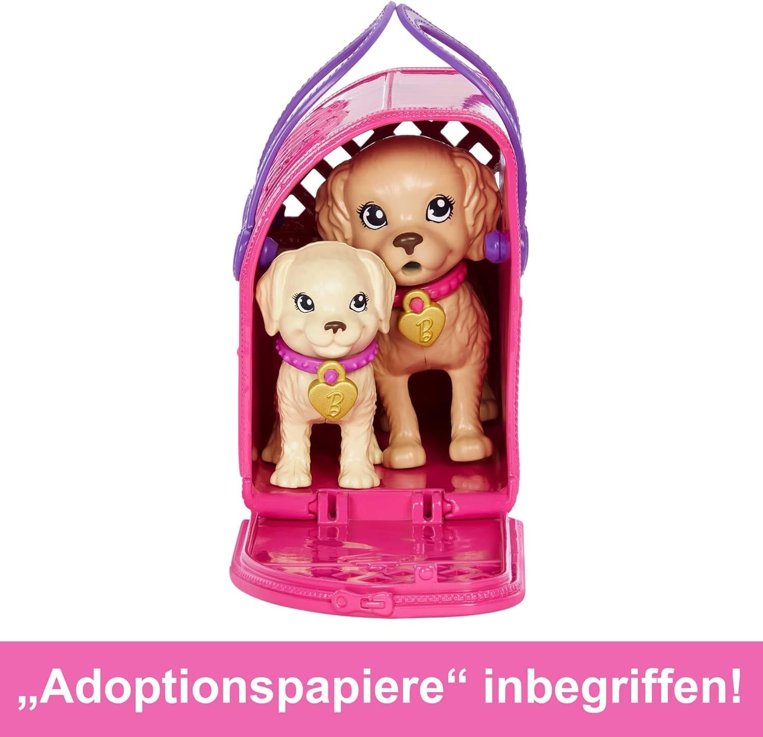 Adoption Barbie Puppy – Puppe und 2 Welpen, mit Adoptionsurkunden, Farbwechseleffekt, Käfig und Zubehör, für Kinder ab 3 Jahren, HKD 86