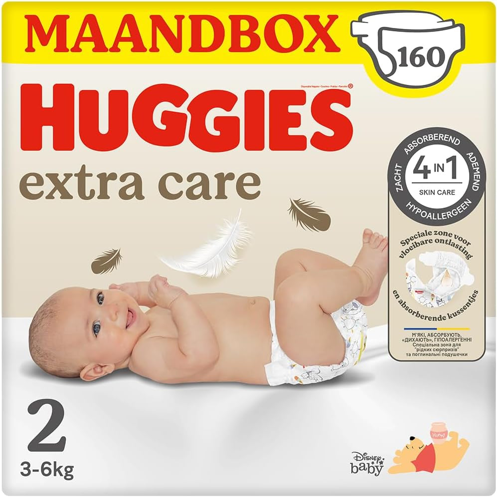 Huggies Extra Care Babywindeln, Größe 2 (3–6 kg), super saugfähig, Disney-Design, Großpackung, 160