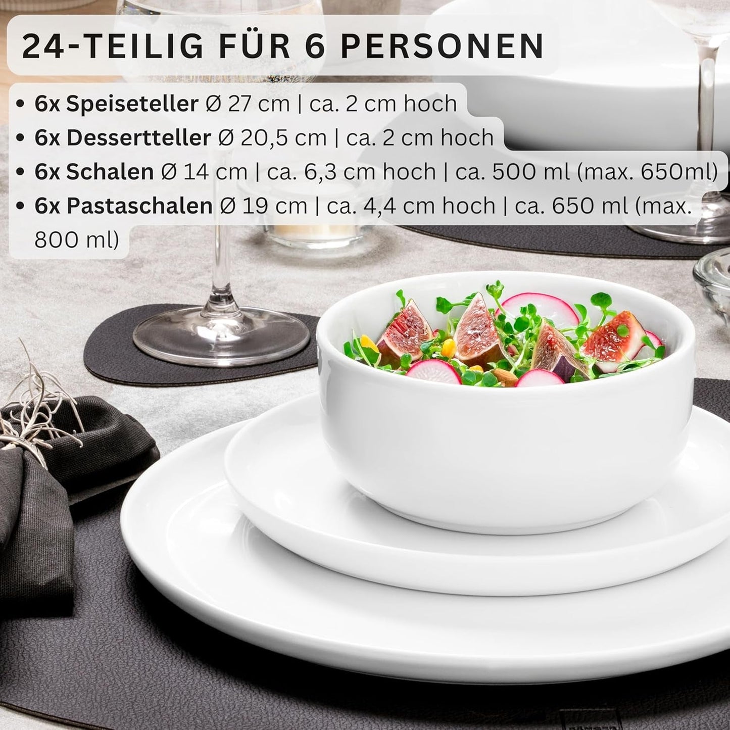 SANGER | Weißes Marlo-Geschirrset, 24-teiliges Geschirrset für 6 Personen mit Desserttellern, Speisetellern, Schüsseln und Müslischalen. Porzellan-Essteller-Set, Geschirr, modernes Design, PREMIUM-KOLLEKTION