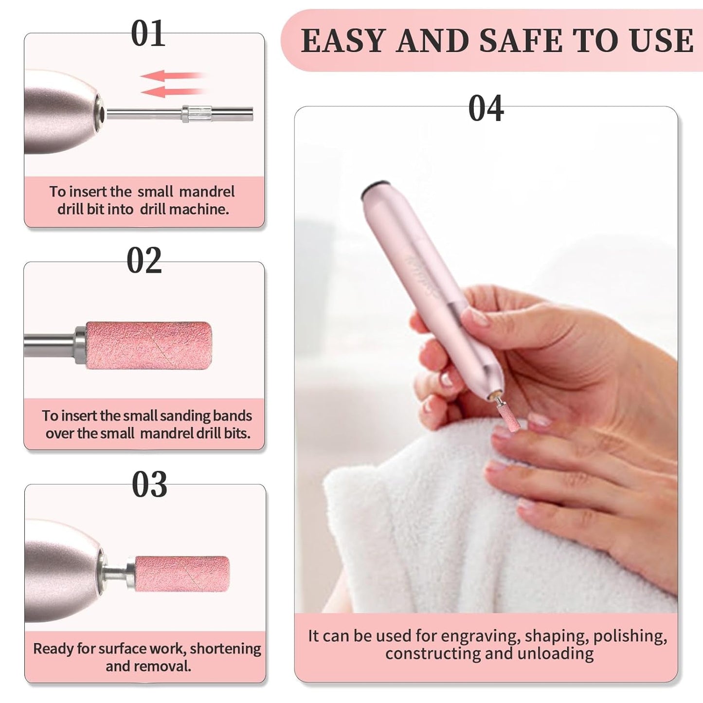 BLESWIN 100 Stück kleine Schleifbänder für Nagelbohrer, feine Körnung 240 mit 2 Stück 3-mm-Bohrern, Mini-Schleifbänder zum Polieren natürlicher Nägel und Reinigen der Nagelhaut zur Vorbereitung, Pink