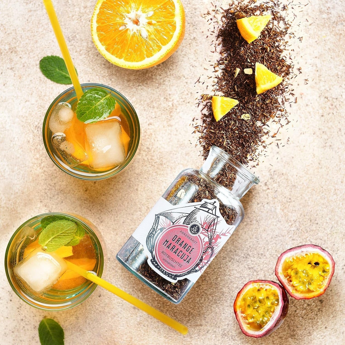 Ankerkraut Roter Orangen- und Passionsfruchttee 90g im Korkglas Premium loser Tee Geschenkidee Wellness-Getränk