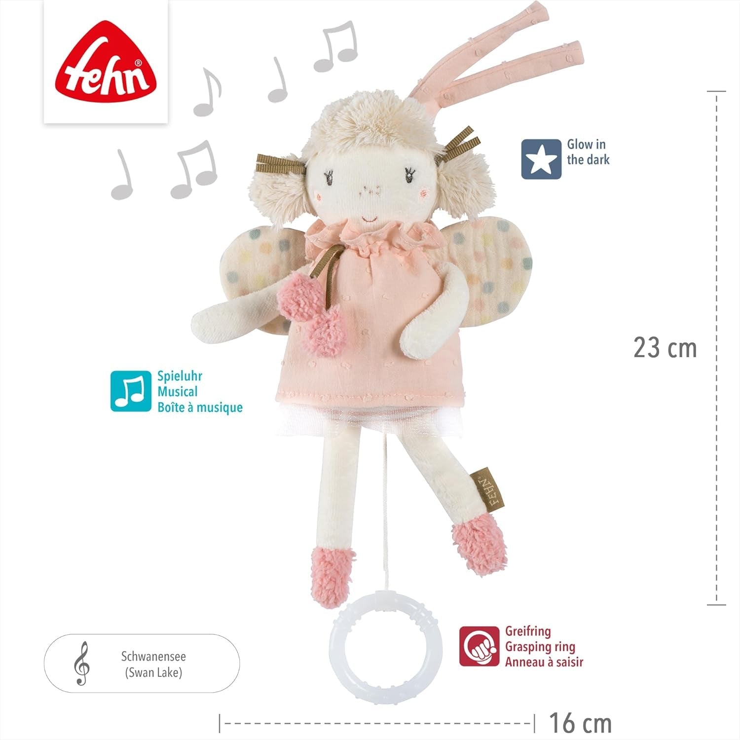 Fehn Mini-Spieluhr Fee – Plüschtier und Einschlafhilfe: Aufziehbare Spieluhr mit der sanften Melodie „Schwanensee“ beruhigt in jeder Situation – für Babys und Kleinkinder ab 0+ Monaten Toys Bebe Naty Shop