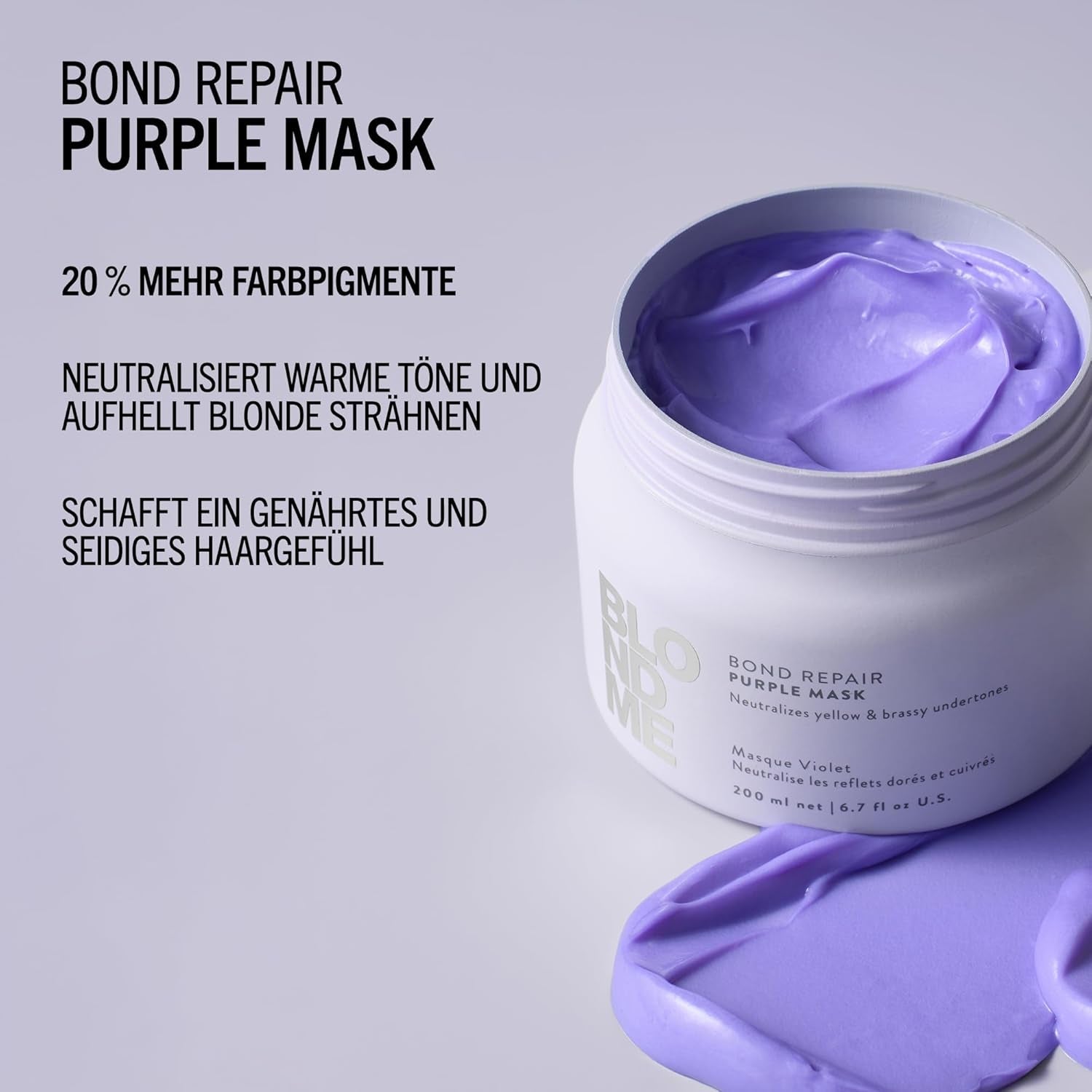 Schwarzkopf Professional BLONDME Bond Repair Purple Mask Maske für kühles Haar Neutralisiert Gelbtöne für gefärbtes, gebleichtes und helles Haar Tiefenpflegend und stärkend 200 ml Haarmaske Naty Shop