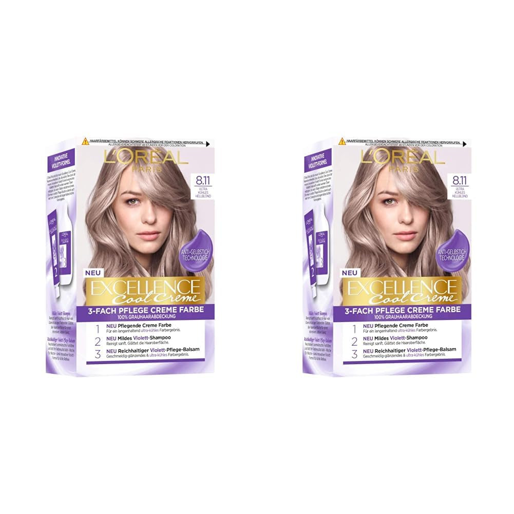 Permanente Haarfarbe von L'Oréal Paris, Farbergebnis, 100 % Abdeckung von grauem Haar, eingestellt mit Farbstoff, Shampoo und Pflegecreme, Excellence Cool Creme, Nr. 8.11 Ultra Cool Light Blonde (Blond) (2er-Pack) Naty Shop Hair Dye Default Title