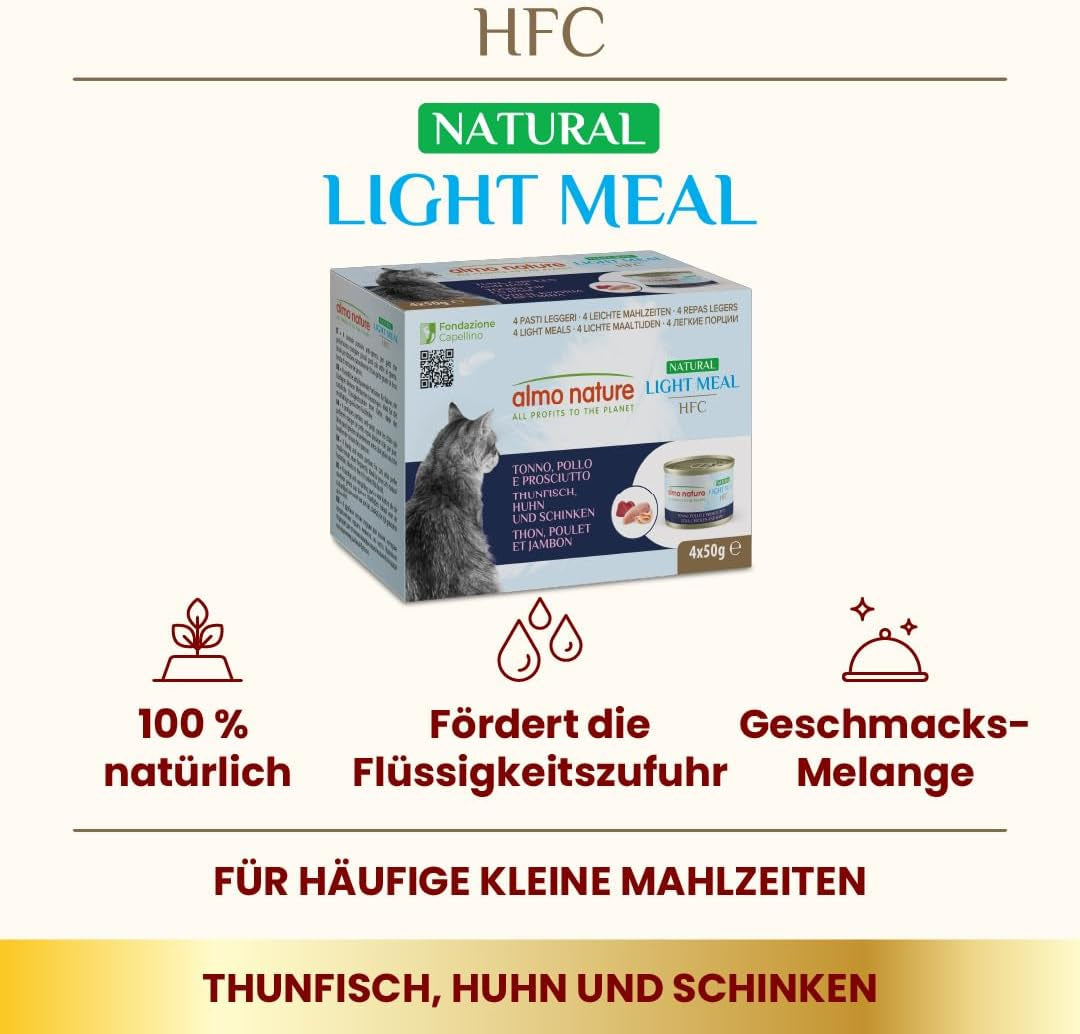 Almo Nature HFC Natural Light Meal – Nassfutter für Katzen – Thunfisch, Huhn & Schinken – Lebensmittelqualität, Glutenfrei – 50 g, 4er-Pack
