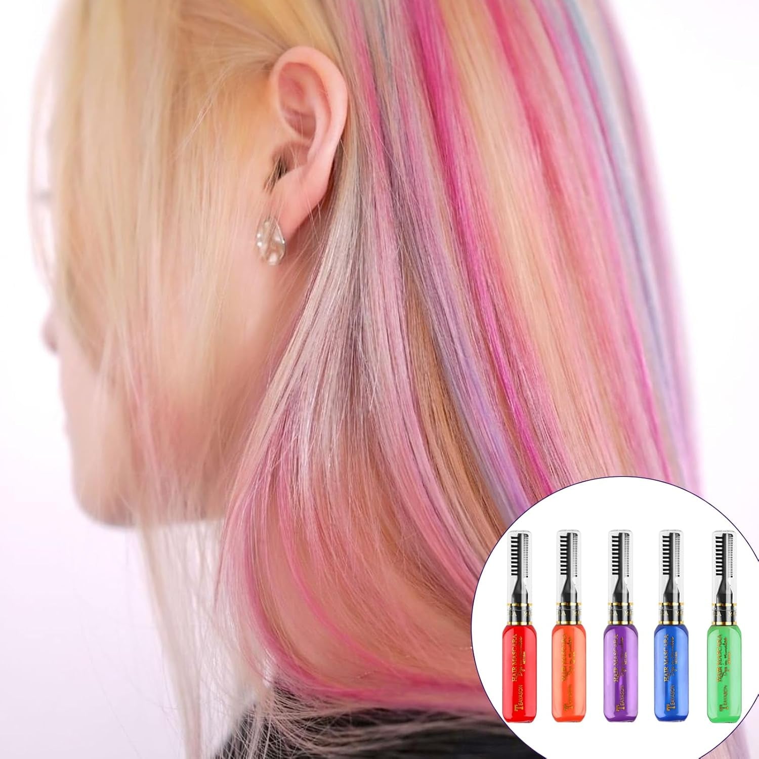5 Farben temporäre Haarfärbemittel, farbiges Haarwachs, Haar-Wimperntusche, temporäre Haarfärbe-Wimperntusche für Mädchen und Frauen, waschbare Haarfärbekreide, geeignet für Geburtstage, Cosplay, DIY, Halloween, Haarfärbemittel, Naty Shop