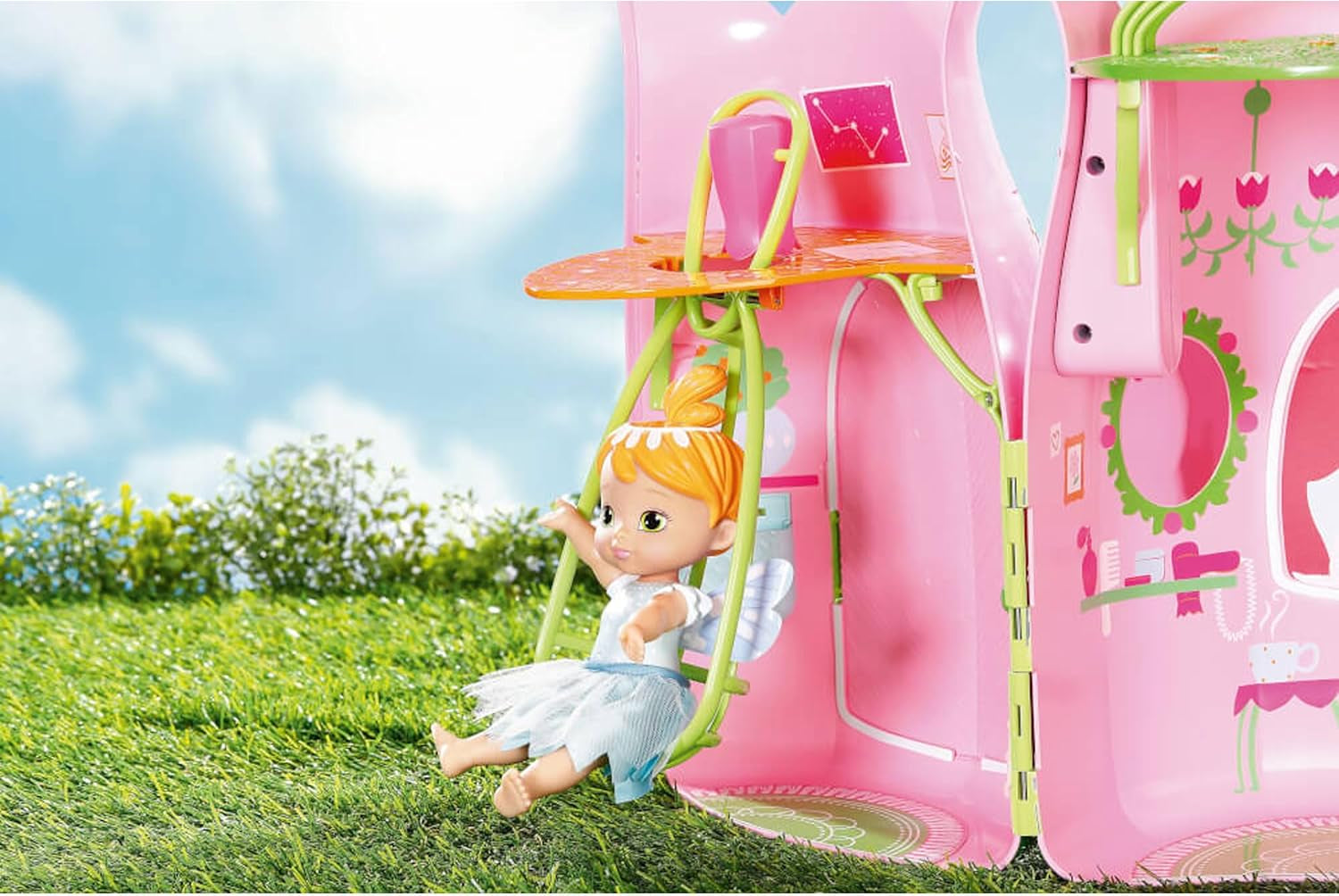 BABY Born Storybook Cottage, faltbares Puppenhaus für 18-cm-Puppen mit Tisch, Kamin, Chaiselongue und Teleskop, Rosagrün, 833803 Zapf Creation Puppenhäuser Naty Shop
