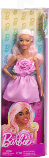 Barbie Fashionistas Puppe Nr. 238 mit pastellrosa Haaren, trägerlosem Kleid mit rosa Mieder, Perlenhaarspange und High Heels und Haarspangen, HYT94