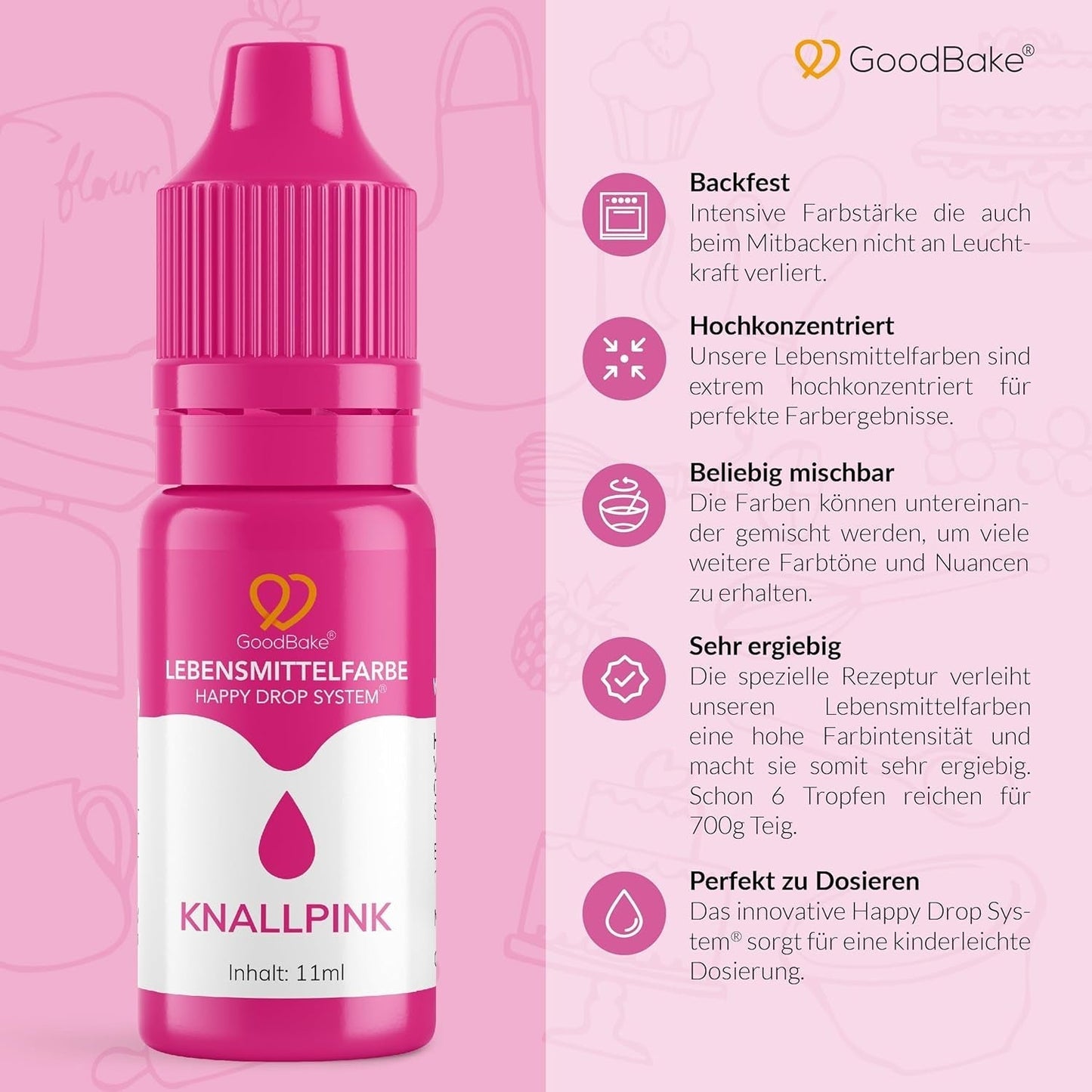 Pinke Lebensmittelfarbe von Goodbake (11 ml) – Intensive Lebensmittelfarbe – Sehr konzentrierte Farbe – Zum Färben von Kuchen, Fondant, Buttercreme, Getränken, Schleim und vielen anderen Gegenständen. 100 % vegan