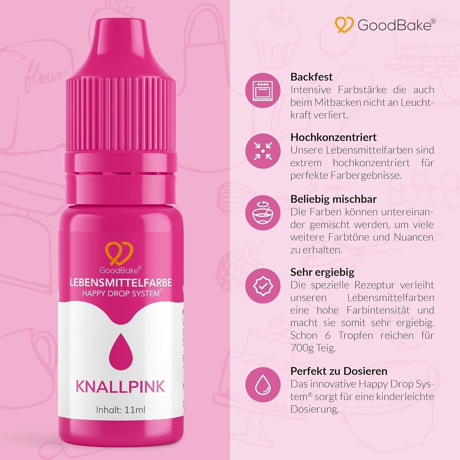 Pinke Lebensmittelfarbe von Goodbake (11 ml) – Intensive Lebensmittelfarbe – Sehr konzentrierte Farbe – Zum Färben von Kuchen, Fondant, Buttercreme, Getränken, Schleim und vielen anderen Gegenständen. 100 % vegan