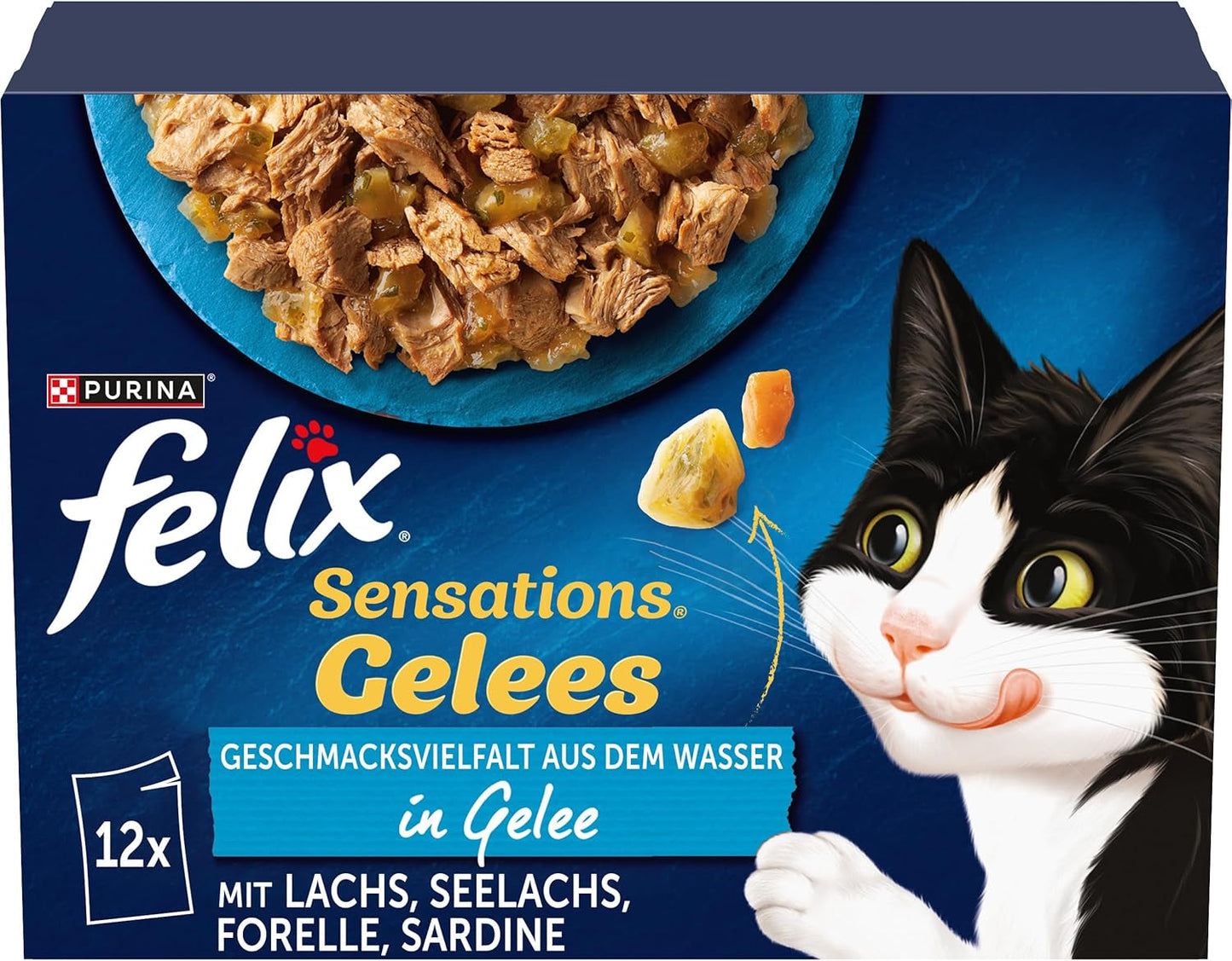 Felix Sensations Nassfutter für Katzen in Gelee, verschiedene Fischmischung, 6er-Pack (6 x 12 Beutel à 85 g)