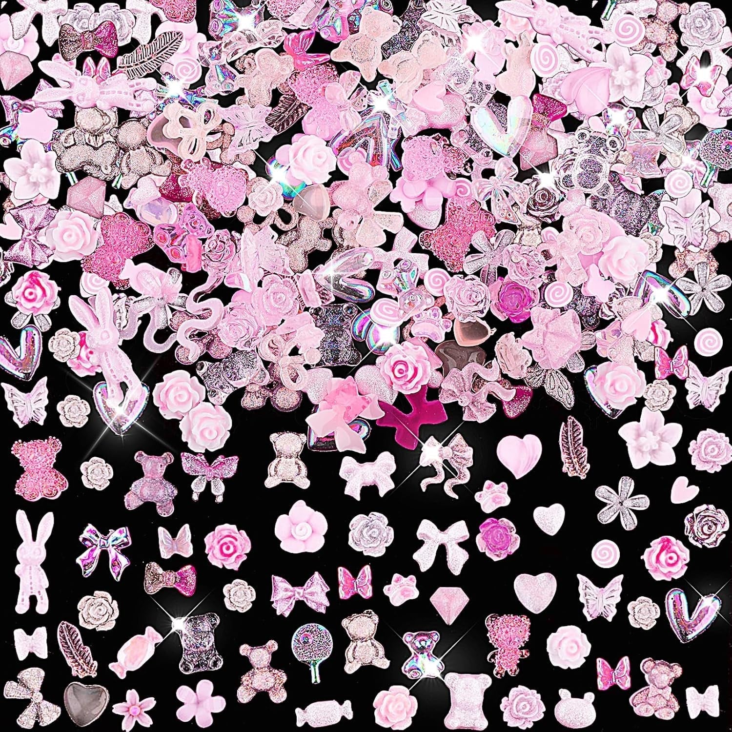 200 Stück Nail Art Charms 3D Nail Art Dekoration Set Bogen Nagel Anhänger Rosa Gemischter Stil Schleife Blume Teddybär Lutscher Herzform Nail Art Dekoration DIY Handwerk Nageldesign