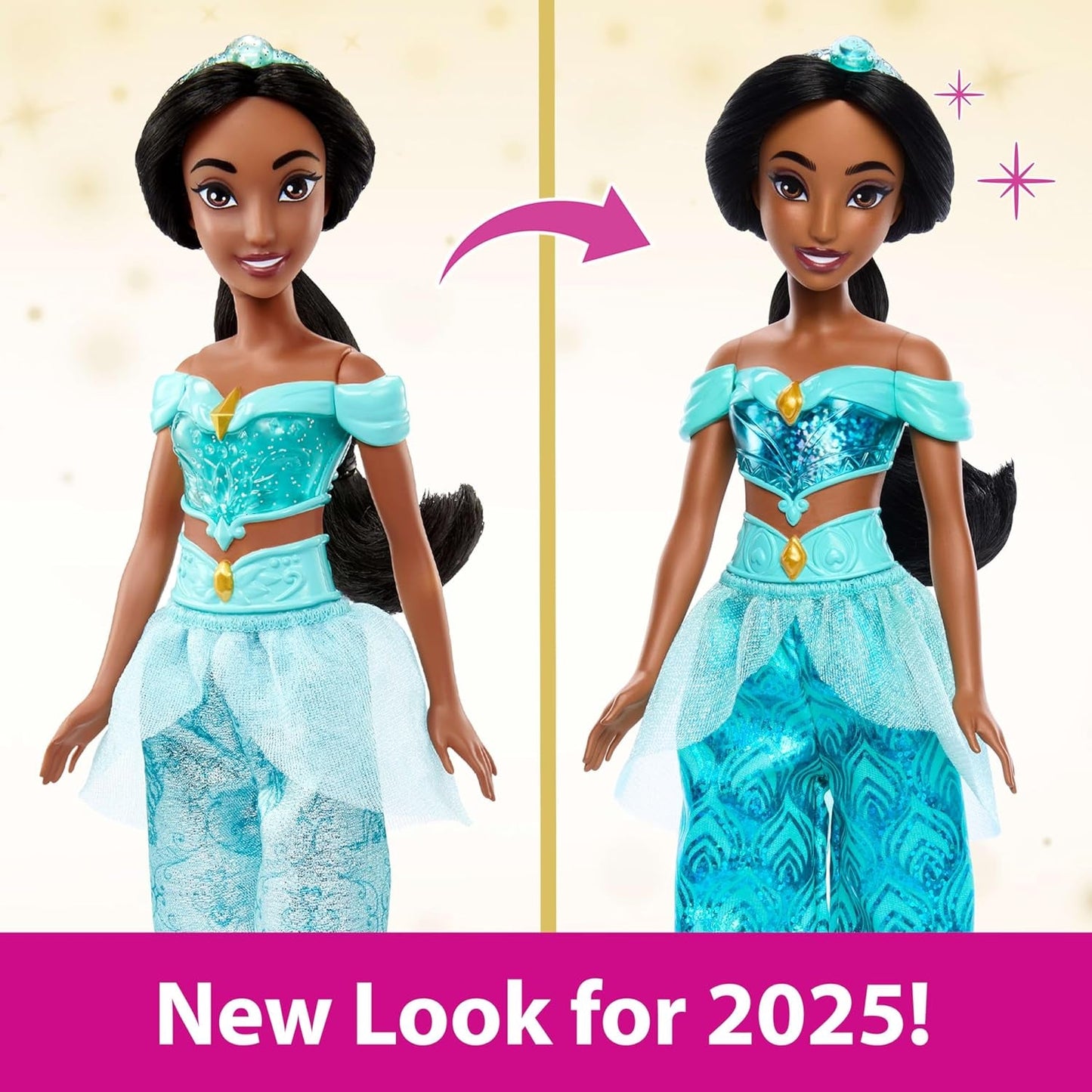 Mattel Disney Princess Toy Jasmine bewegliche Modepuppe mit glitzernder Kleidung und Accessoires, von Disney-Filmen inspiriertes Geschenk für Kinder HLW12
