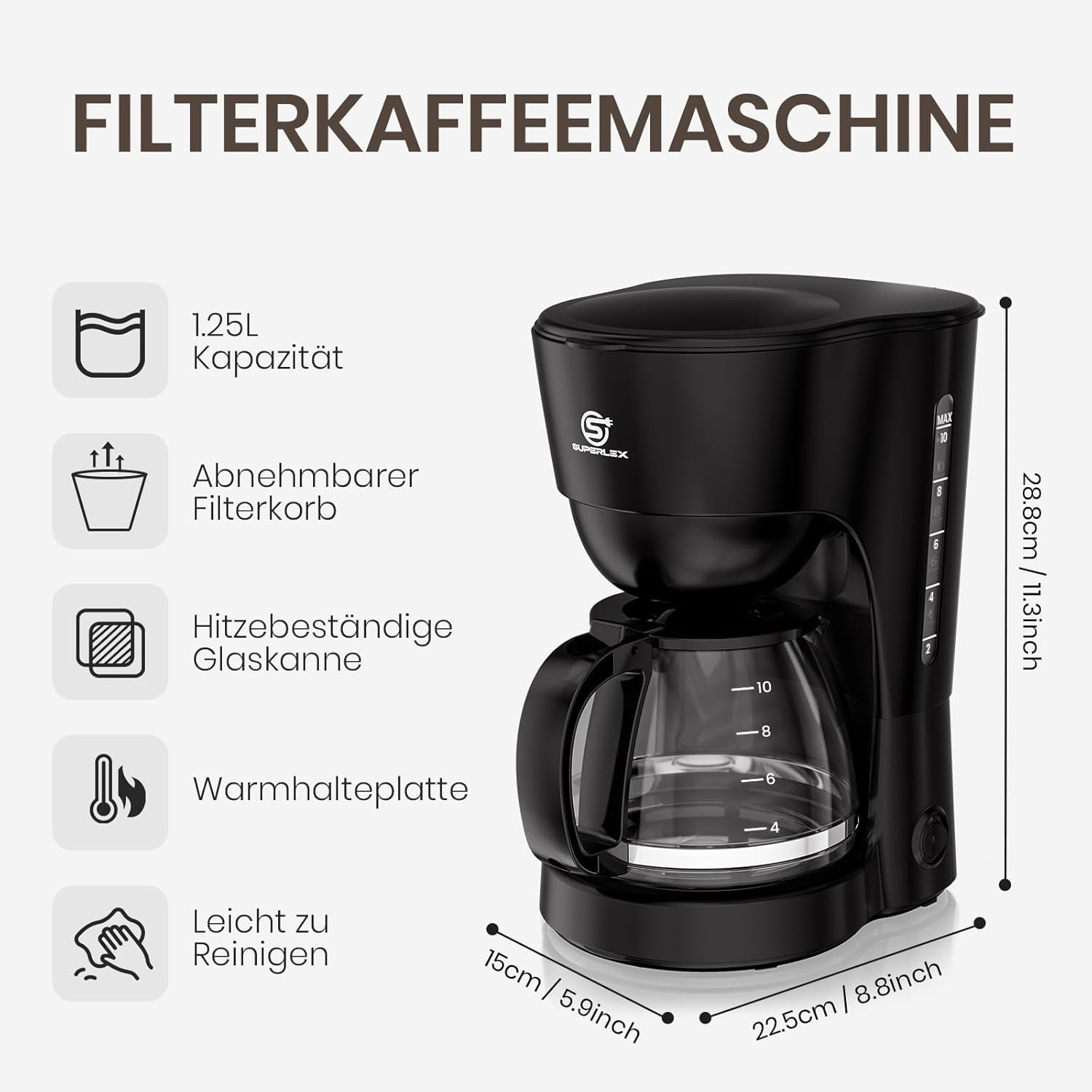 1,25 l Filterkaffeemaschine für 10 Tassen Filterkaffee, spülmaschinenfeste Glaskaraffe, Thermoskanne, Anti-Tropf-System, automatische Abschaltung, 600 W, wasserloser Kochschutz für Zuhause und Büro