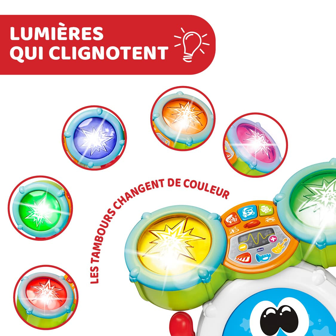 Chicco 00009820100000 Mi First Schlagzeug-Set mit Lichtern und Sounds, 3 Spielmodi, Musikinstrument mit Batterie für Kinder, mehrfarbig, groß, Jucarii Bebe Naty Shop