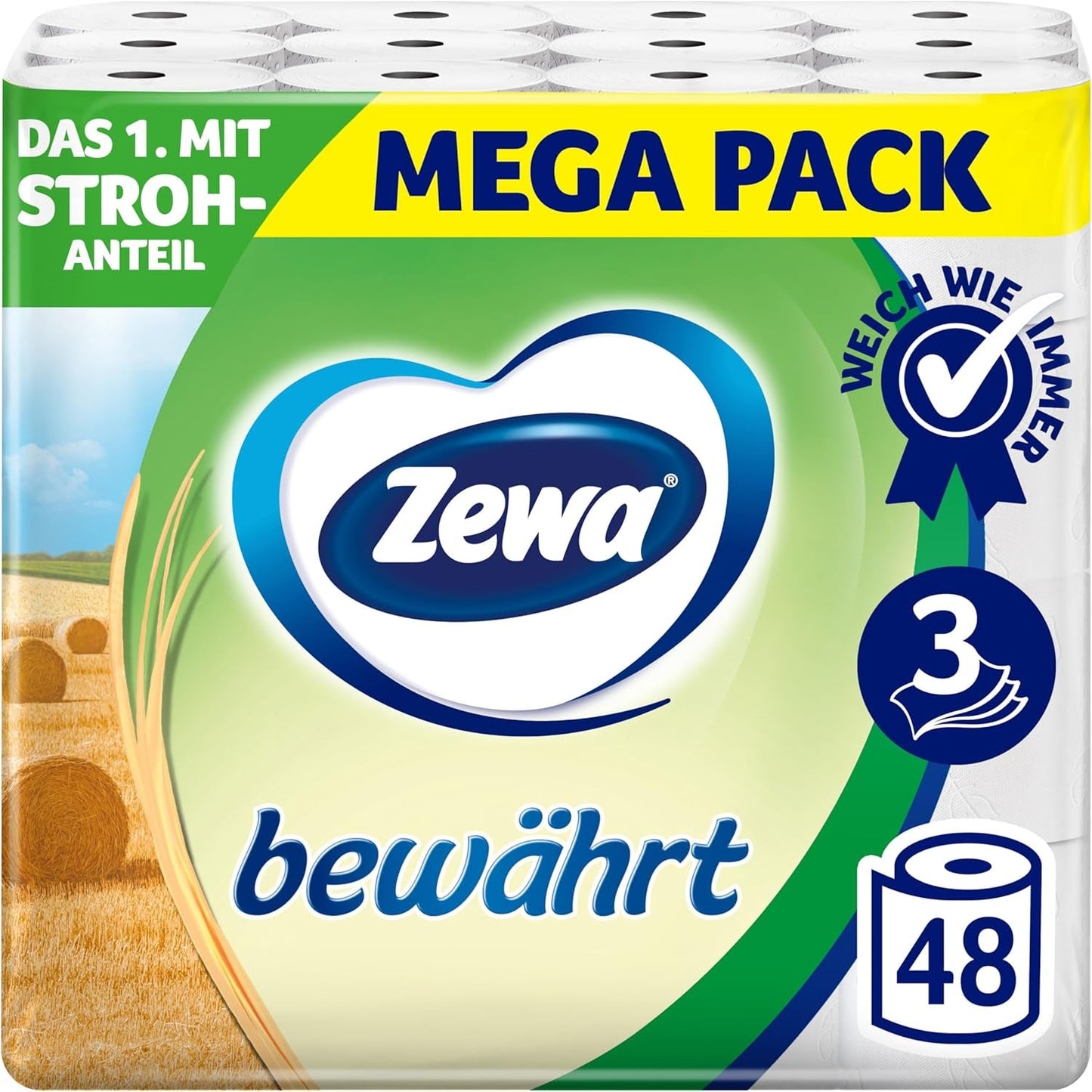 Zewa Proven – 48 Rollen – Das erste Toilettenpapier mit Strohanteil – 3 Schichten