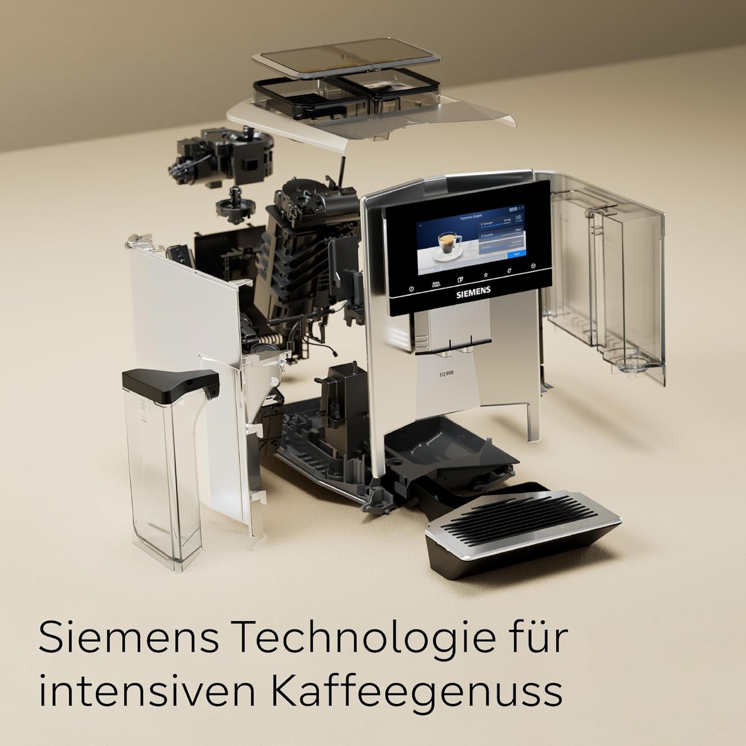 Automatische Espressomaschine Siemens EQ900, großer TFT-Farbbildschirm, 2 Bohnenbehälter, 36 Heiß- und Kaltgetränke, kalter Kaffee, superleise, Zwei-Tassen-Funktion, App-Steuerung, Edelstahl, TQ907D03