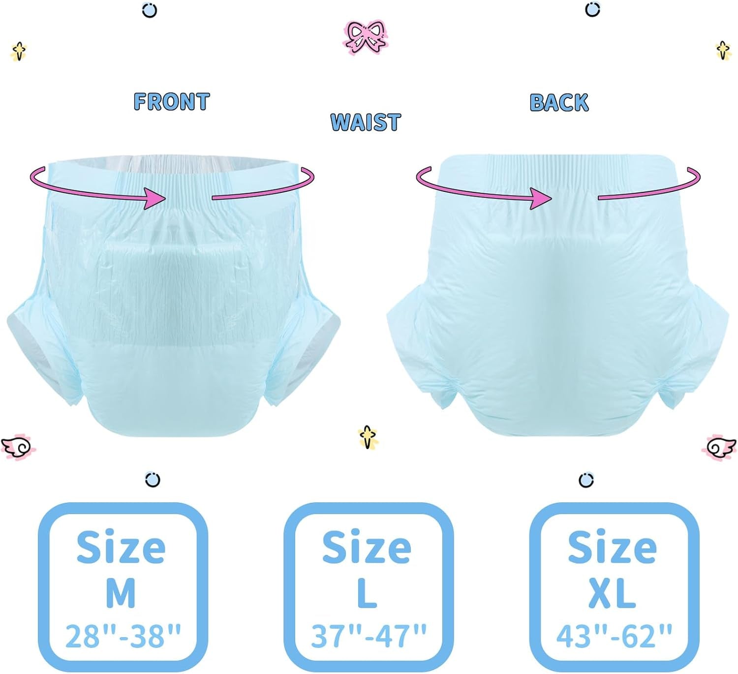 CutiePlusU Windeln für Erwachsene, trockene Oberfläche, maximale Saugfähigkeit über Nacht, Einweg-Inkontinenzwindel – Blau, 2er-Pack (Mittel 71–96 cm)