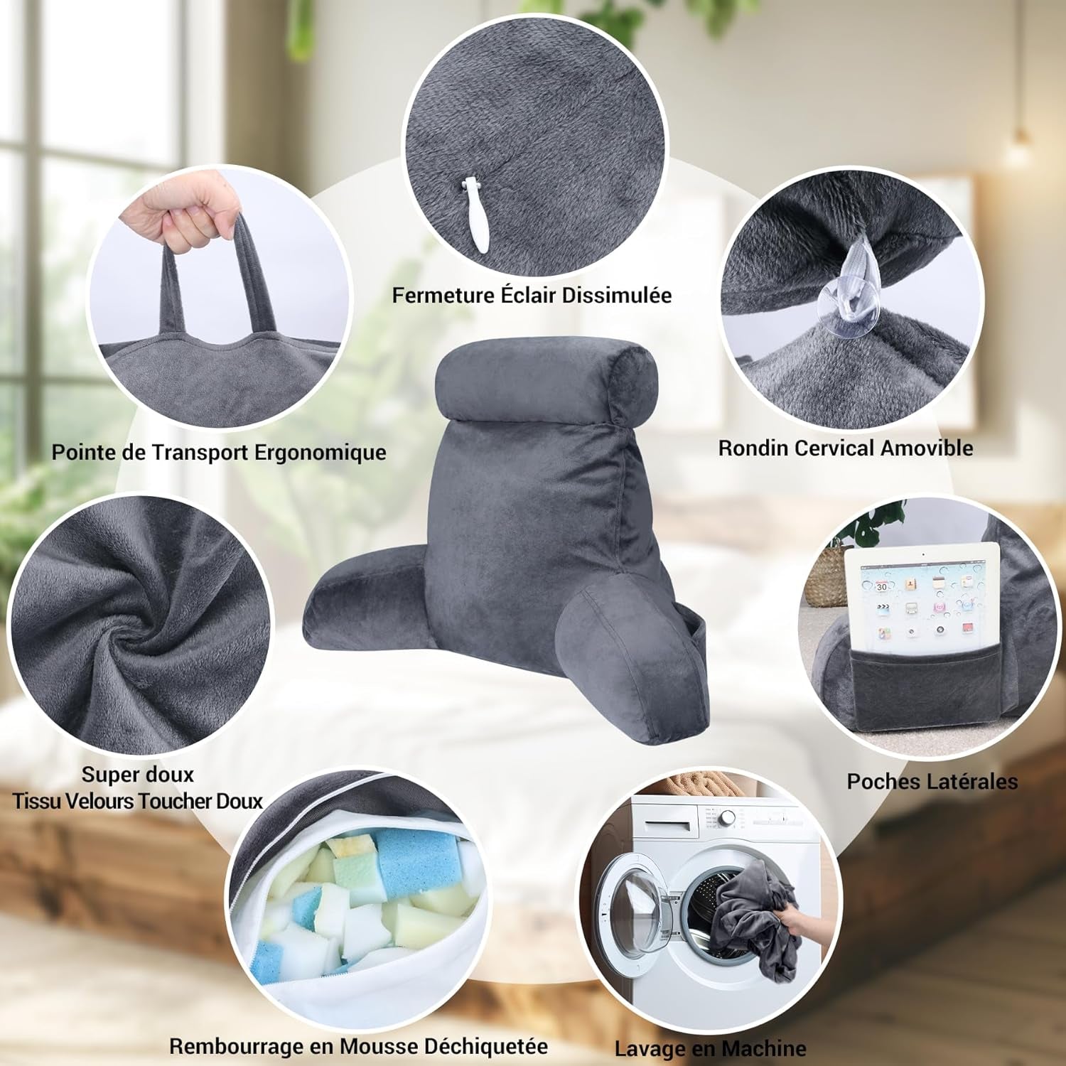 INFANZIA Ergonomisches Lesekissen mit Armlehnen, Memory-Schaum-Rückenstütze, Grau, M