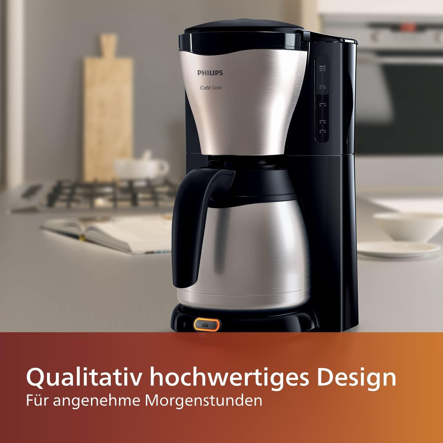 PHILIPS Café Gaia Filter-Espressomaschine – Edelstahl-Thermoskaraffe, Anti-Tropf-System, intensives Aroma, automatische Abschaltung, 1300 ml, Schwarz (HD7546/20)