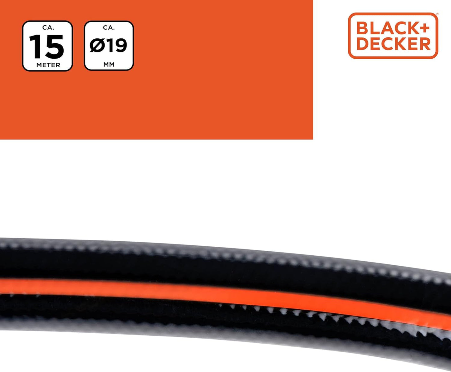 BLACK+DECKER Gartenschlauch 15 Meter – Ø19MM – Strapazierfähiges PVC – Den Garten bewässern, das Auto waschen, den Pool füllen – Kompatibel mit jedem Standard-Wasserhahn – Schwarz/Orange