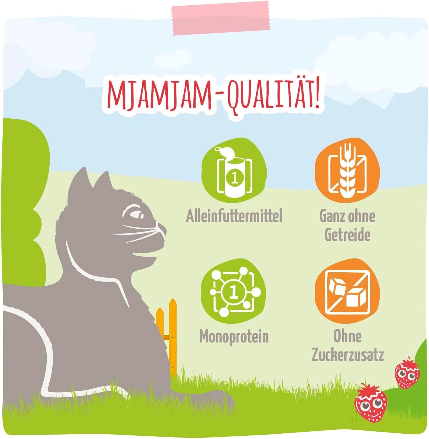 MjAMjAM – Premium-Nassfutter für Katzen – zartes Huhn mit fruchtigen Erdbeeren 400 g, 6er-Pack (6 x 400 g), natürlich mit extra Fleisch