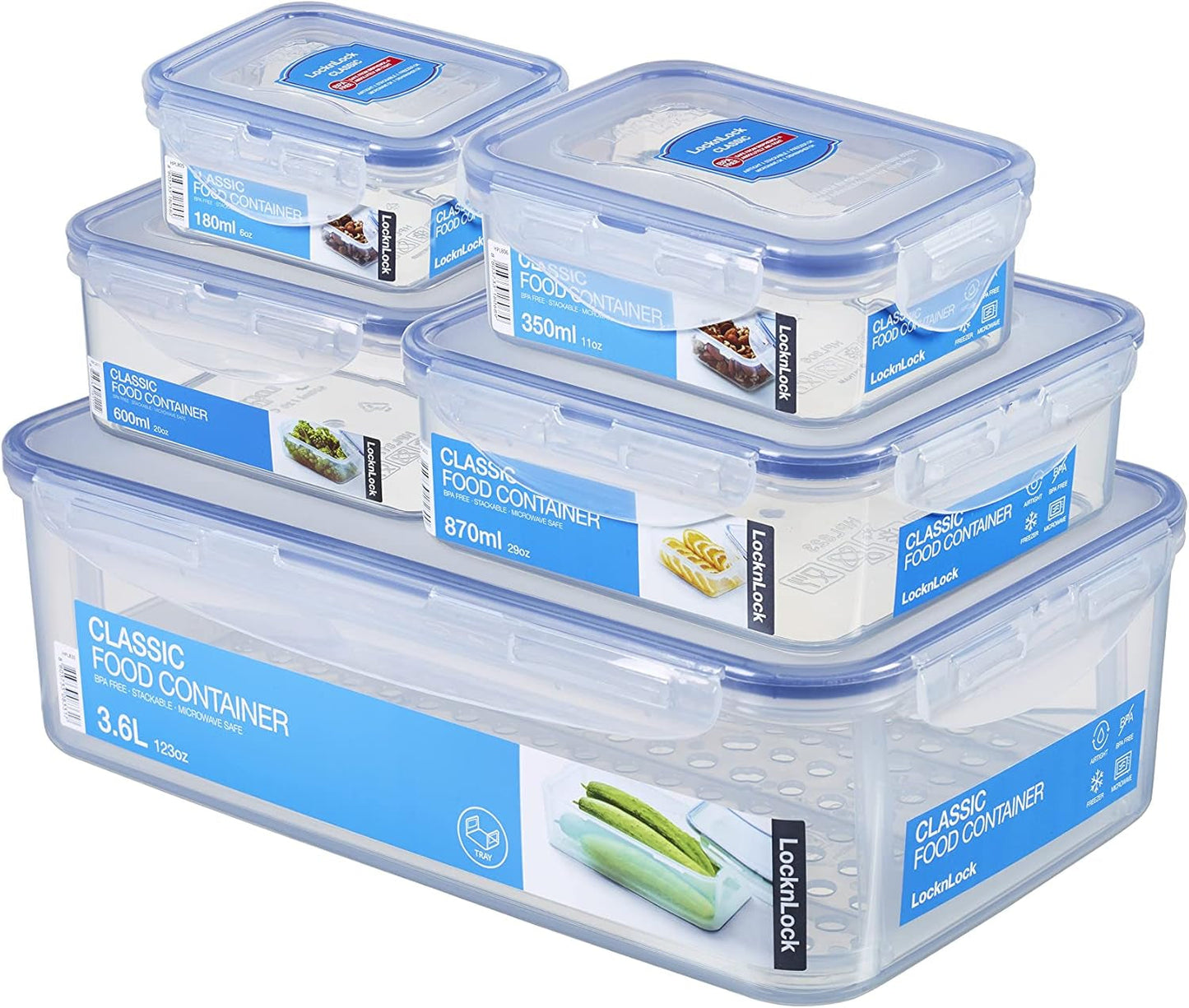 LocknLock PP Classic Frischhaltedosen-Set 5-teilig | 180 ml, 350 ml, 600 ml, 870 ml, 3,6 l | 100 % luft- und wasserdicht | ohne BPA | Gefrier- und Kühlschrank-Organizer | Spülmaschinen- und mikrowellengeeignet. Frischhaltedosen Naty Shop Square 5 Stück.