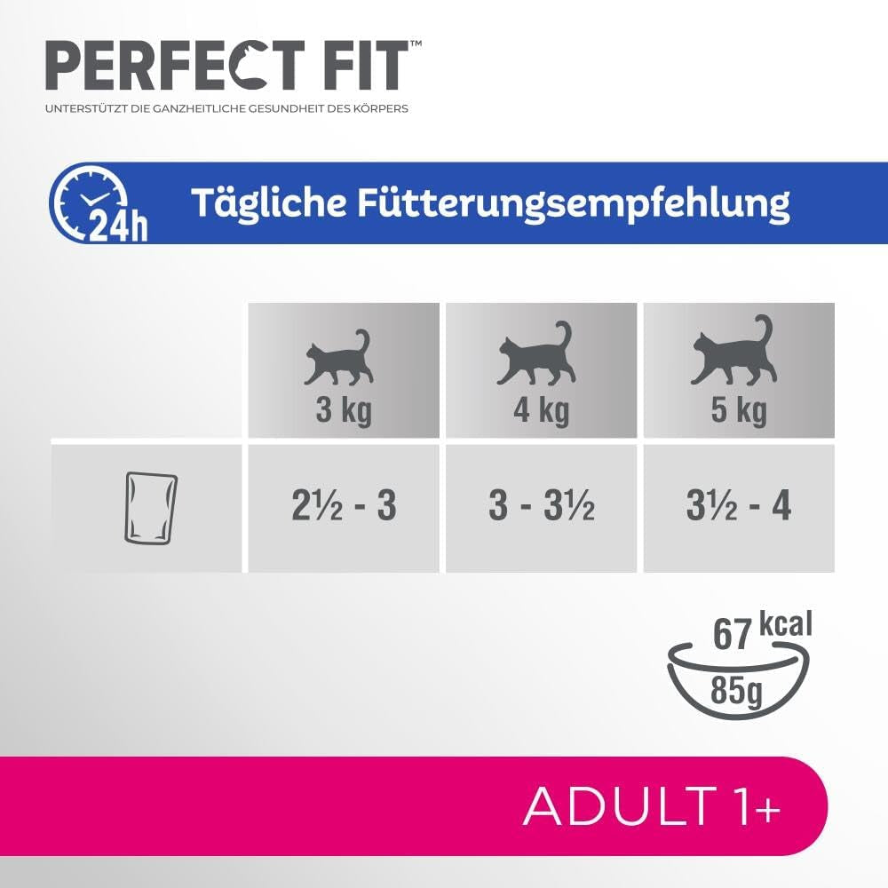 Perfect Fit Adult 1+ Nassfutter-Auswahl mit Lachs, Tiefseefisch, Rind und Huhn, 48 Beutel, 12x85g (4er-Pack) – Premium-Nassfutter für ausgewachsene Katzen ab 1 Jahr